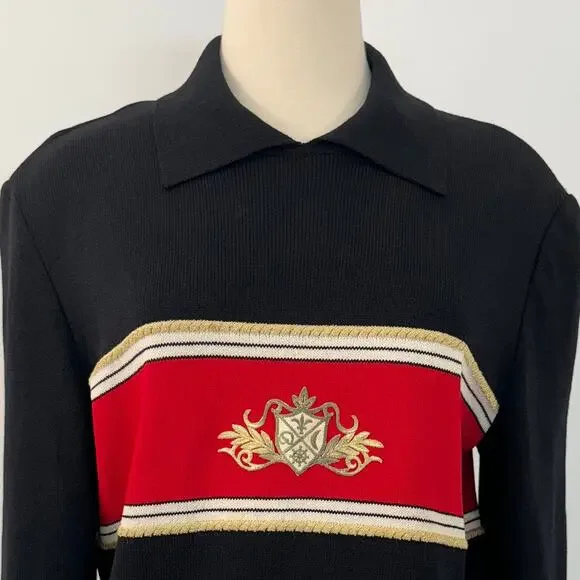 St. John Collection Collared Crest Pullover Sweater Black/Red Santana Knit M - Picture 2 of 14